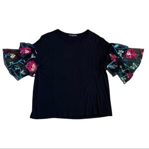 Kim & Cami Black Ruffle Floral Embroidered Blouse Women's Size Medium